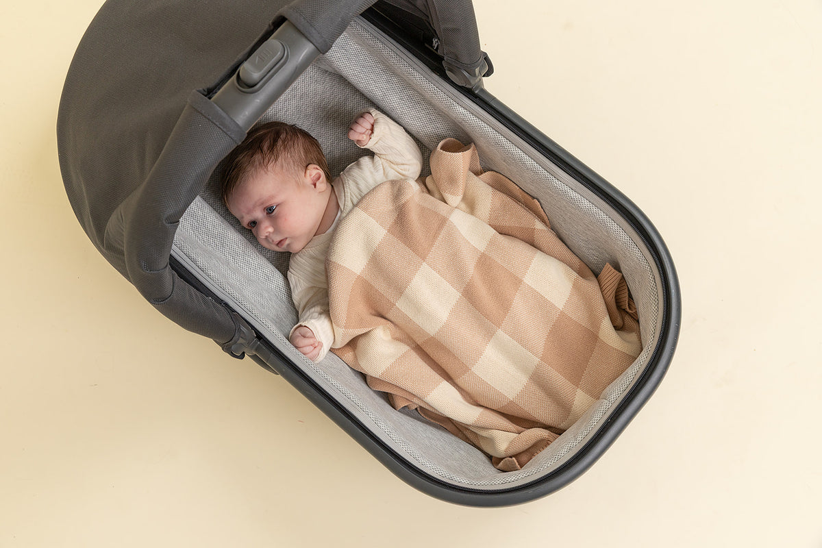 Baby lying in a car seat with a checkered blanket on a beige background