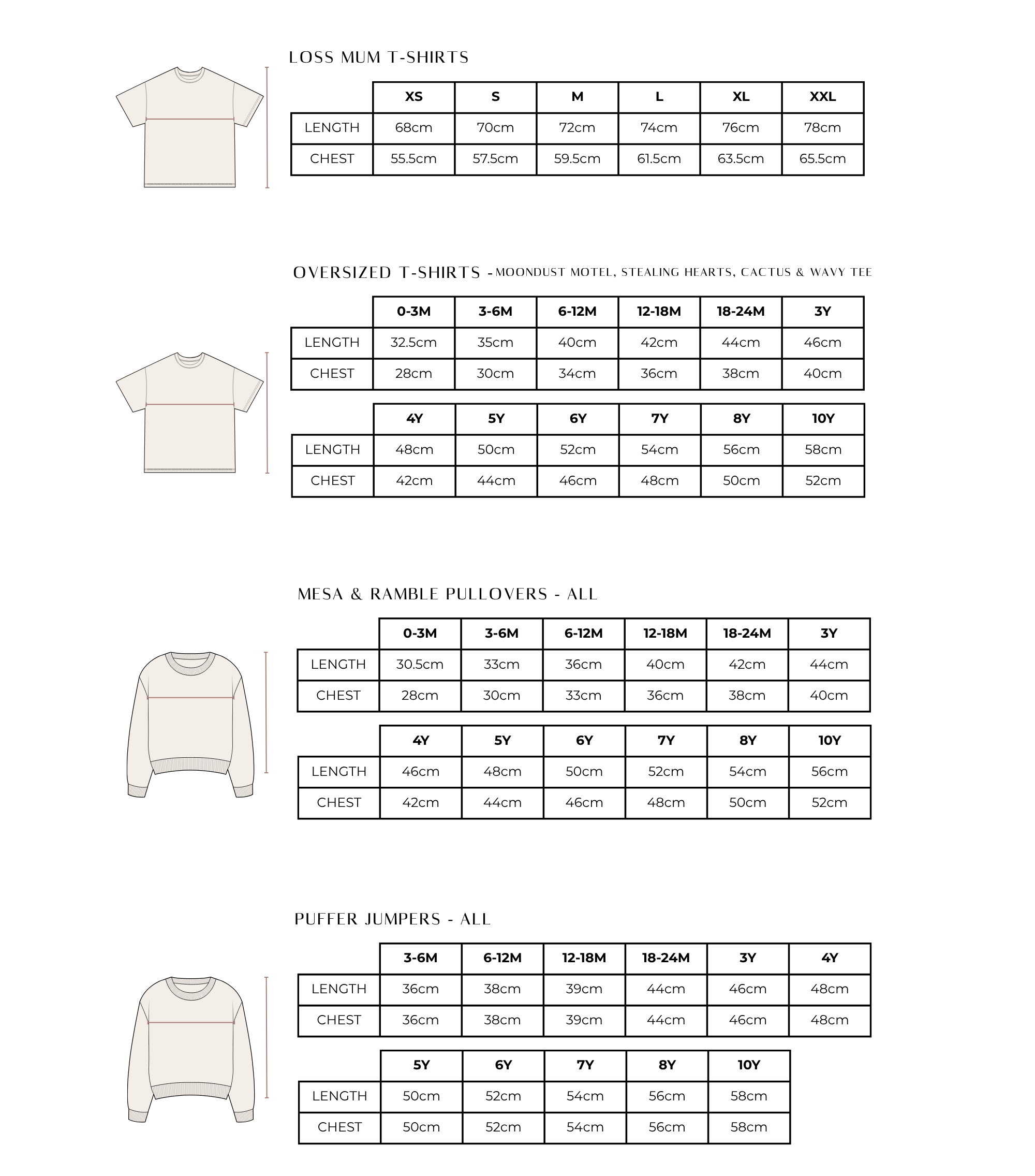 A size chart sheet for apparel showing measurement tables for loss-mum t-shirts, oversized t-shirts, men's and women's pullovers, and putter jumpers, with small line drawings of each garment.
