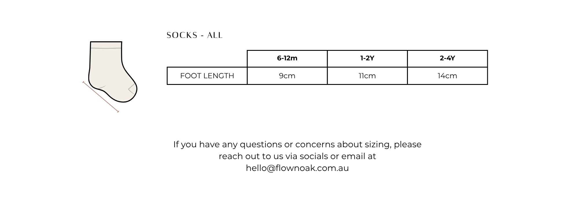 Socks sizing chart page with a small sock outline icon, a size table for foot length 9cm, 10cm, and 11cm, and contact information text on a white background.