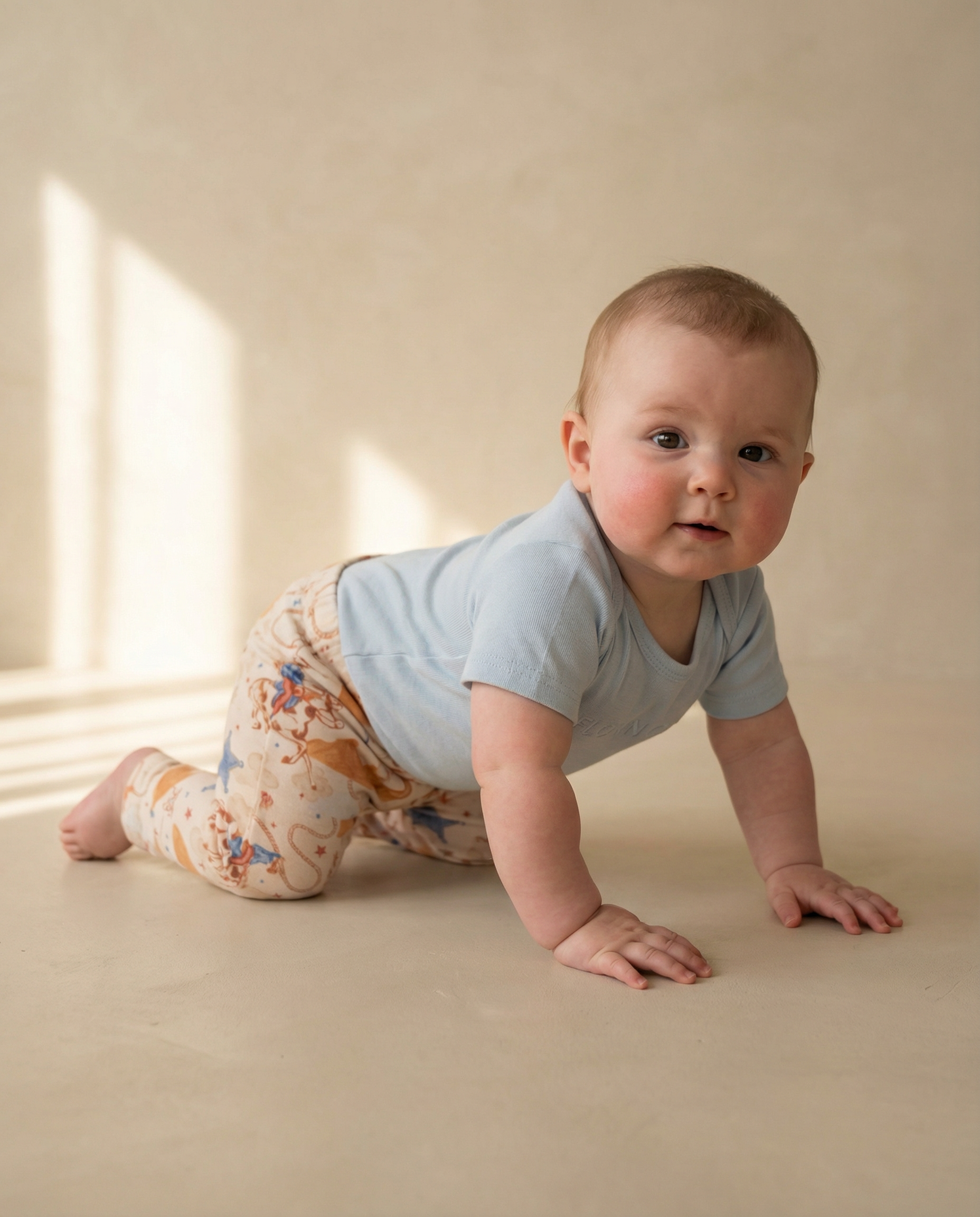 Baby crawling on a beige surface with a neutral background
