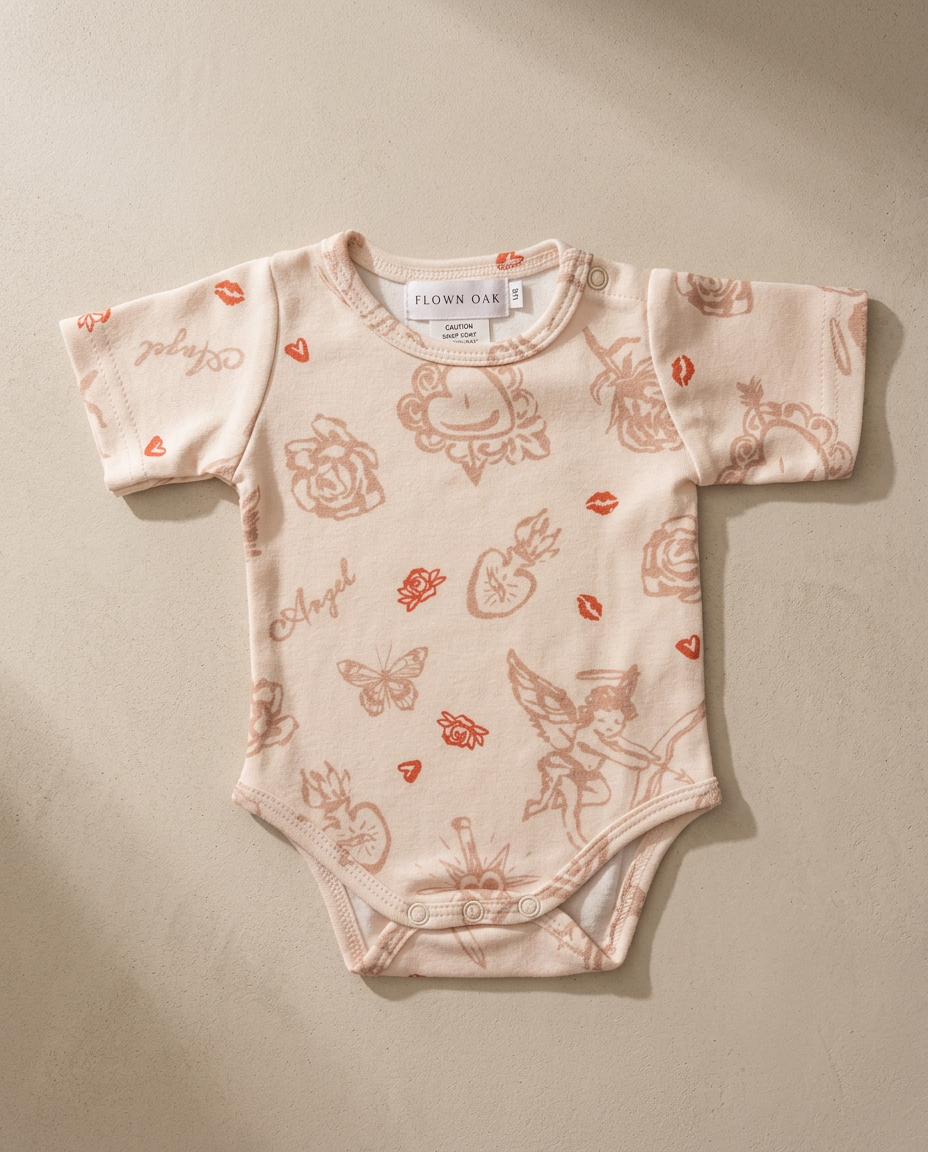 Baby onesie with floral and fairy pattern on a beige background