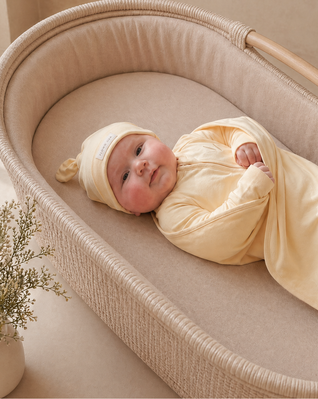 Newborn baby wrapped in a yellow blanket lying in a Moses basket with a plant beside it.