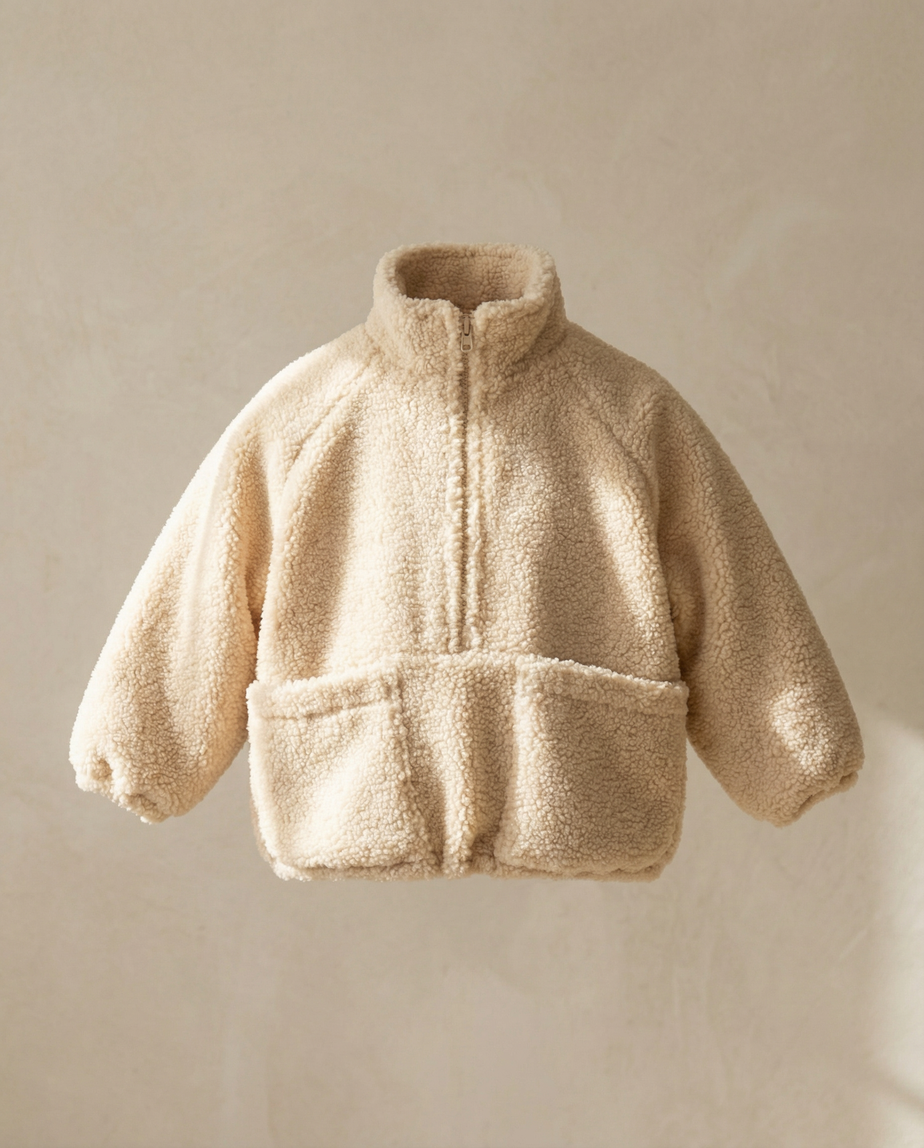 Beige fleece jacket on a beige background
