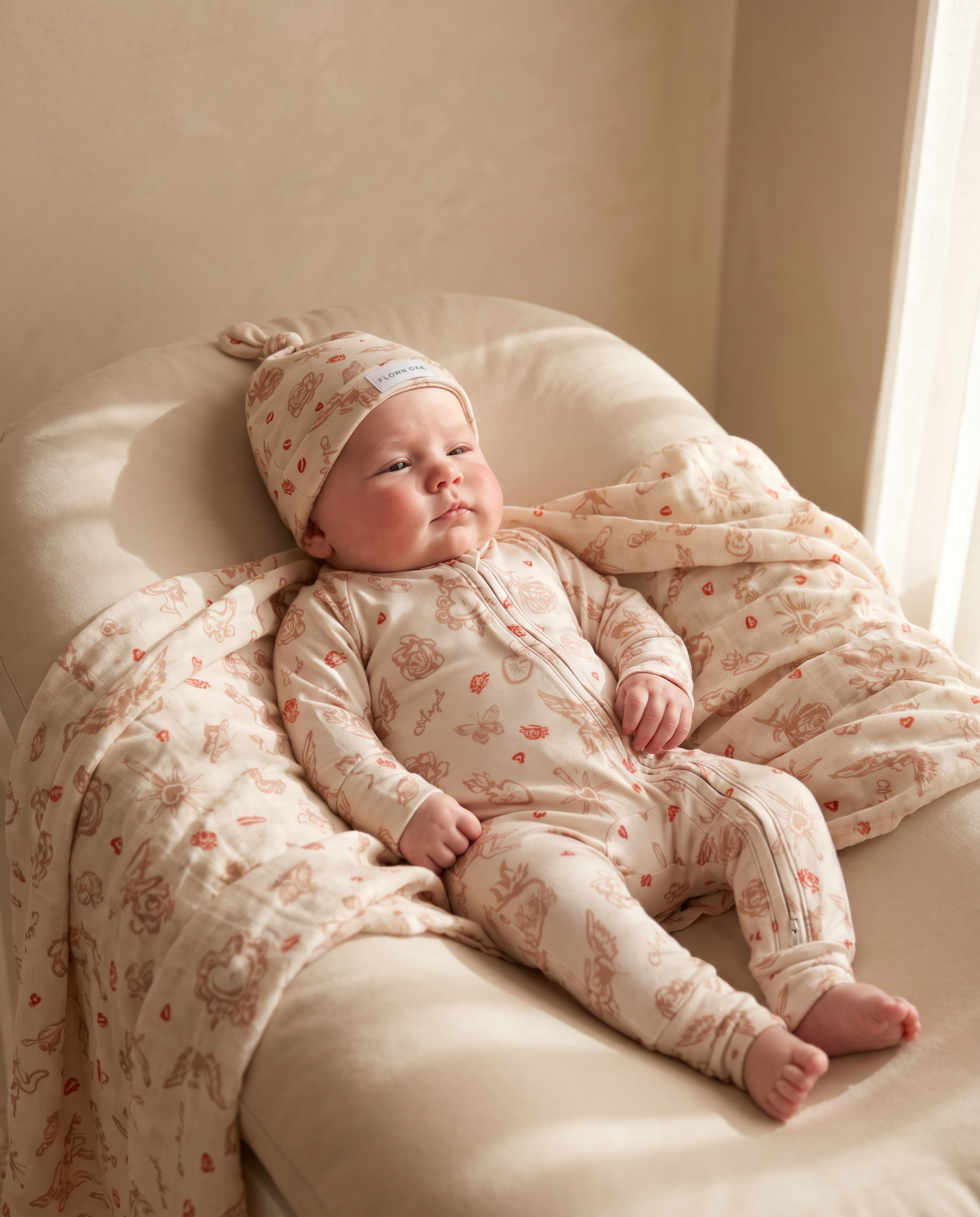 Baby in floral outfit and hat lying on a cushion with a soft blanket
