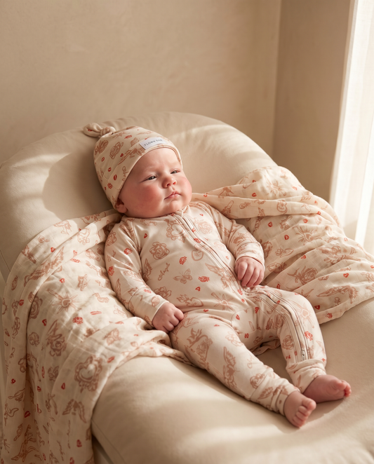Baby in floral outfit and hat lying on a cushion with a soft blanket