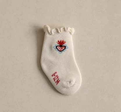 Cream sock with pink and blue flaming heart graphic