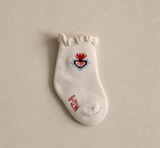 Cream sock with pink and blue flaming heart graphic