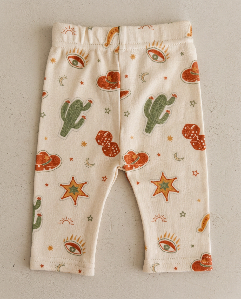 Baby leggings with cactus and star pattern on a plain background