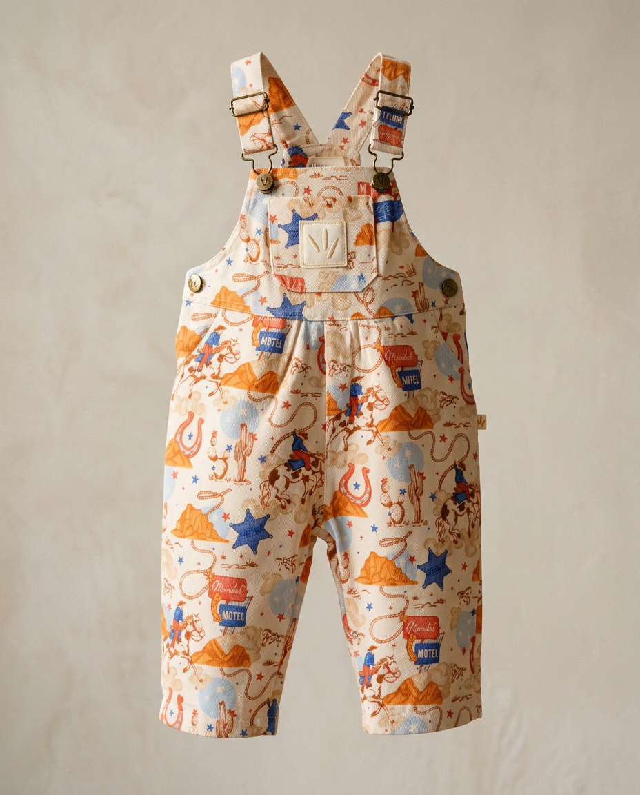 Children's overalls with colorful pattern on a beige background
