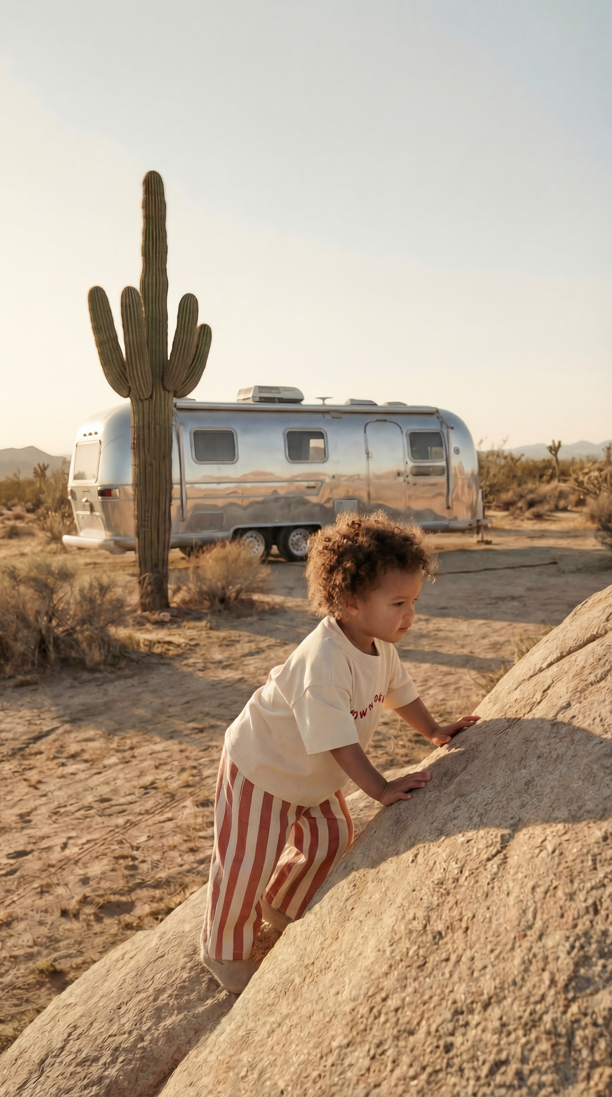Child climbing a rock in a desert setting with a vintage trailer and cactus in the background