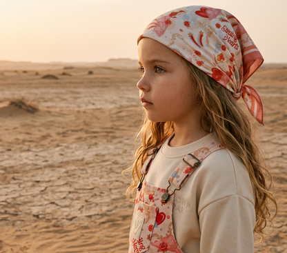 Young girl in a desert landscape wearing a patterned headscarf and dress.