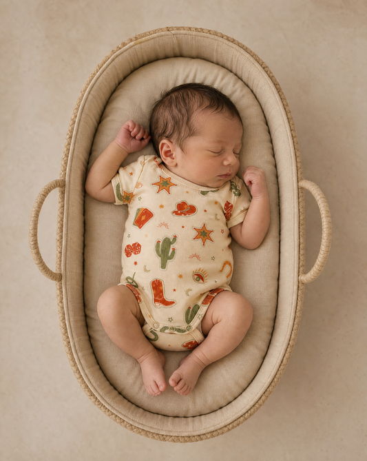 Newborn baby sleeping in a Moses basket with a patterned outfit.